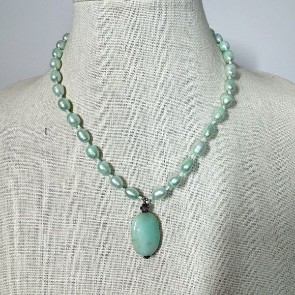 Green Nugget Baroque Pearl Necklace With Amazonite Pendant Sterling Silver 18” - Picture 3 of 15